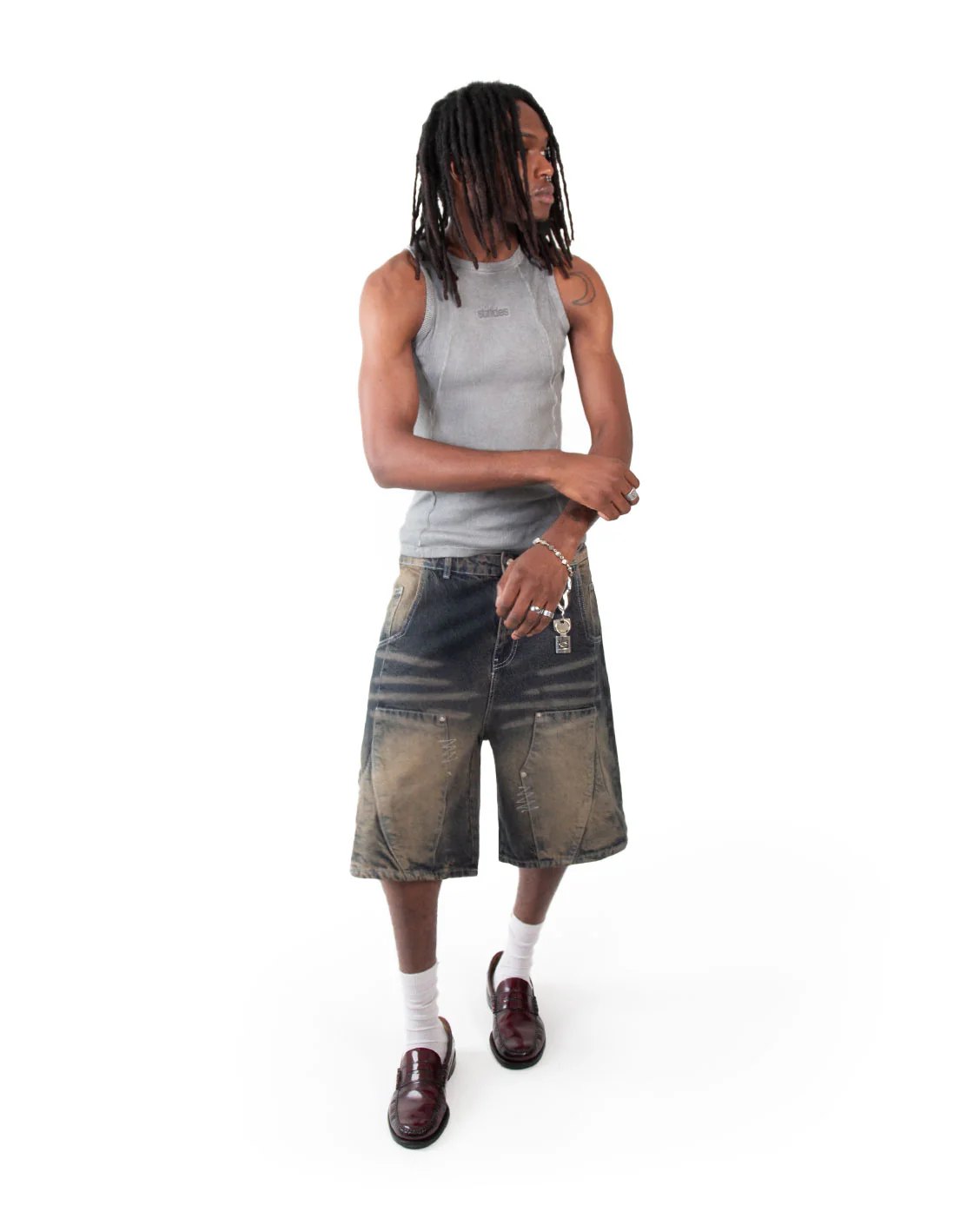 Carpenter Split Jorts Dark Blue Yellow - Image 5