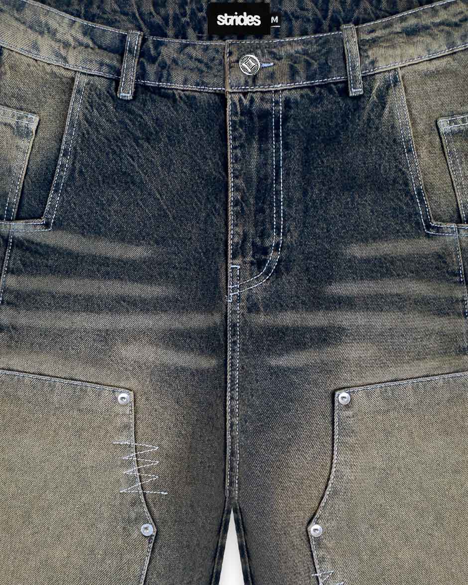 Carpenter Split Jorts Dark Blue Yellow - Image 7
